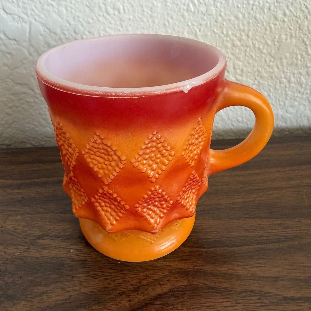 Vintage FireKing Kimberly Mug Red Orange Diamond Milk Glass Anchor Hocking Ombre